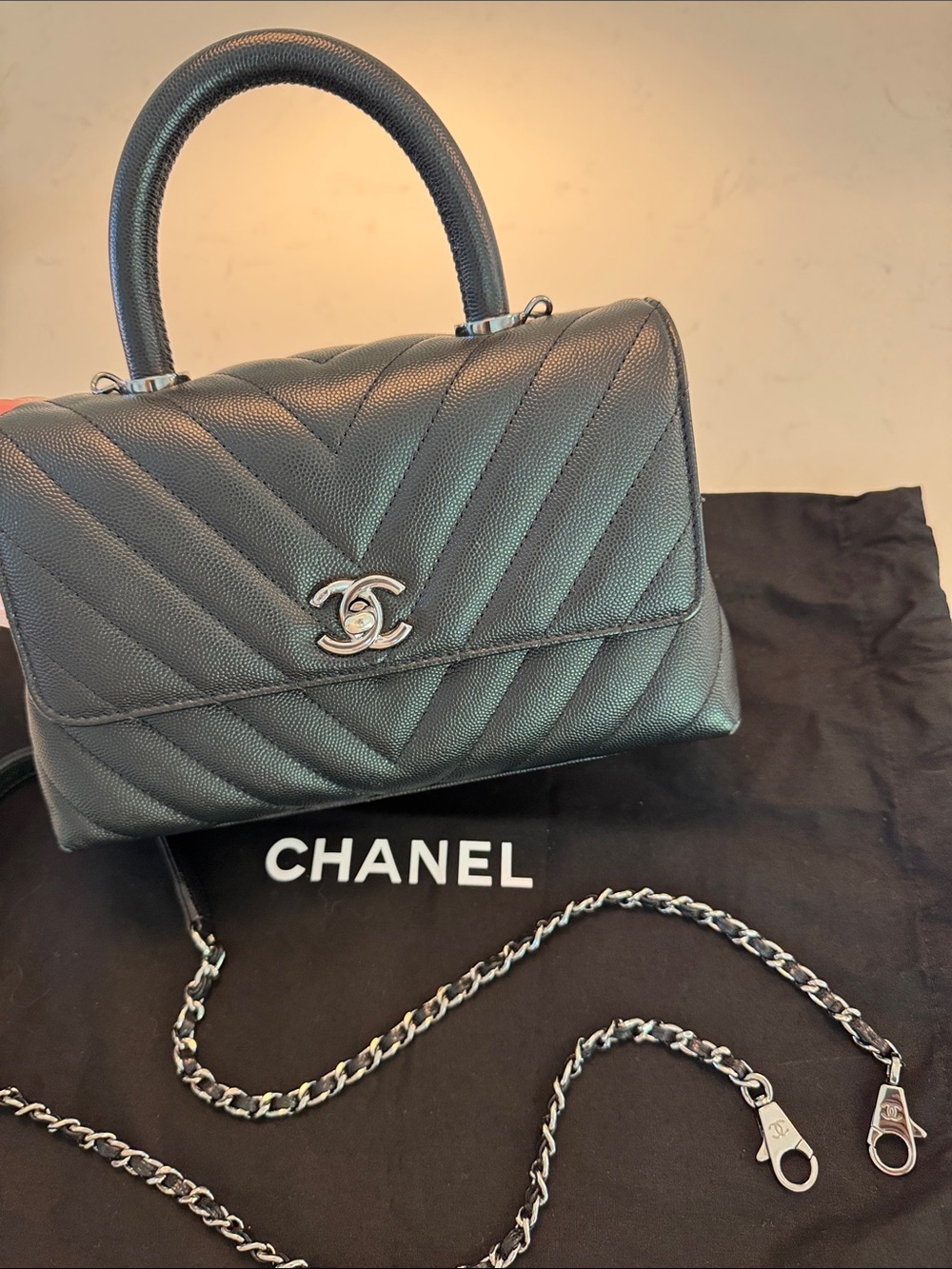 CHANEL Black Chevron Quilted Top-Handle Satchel with Chain Strap